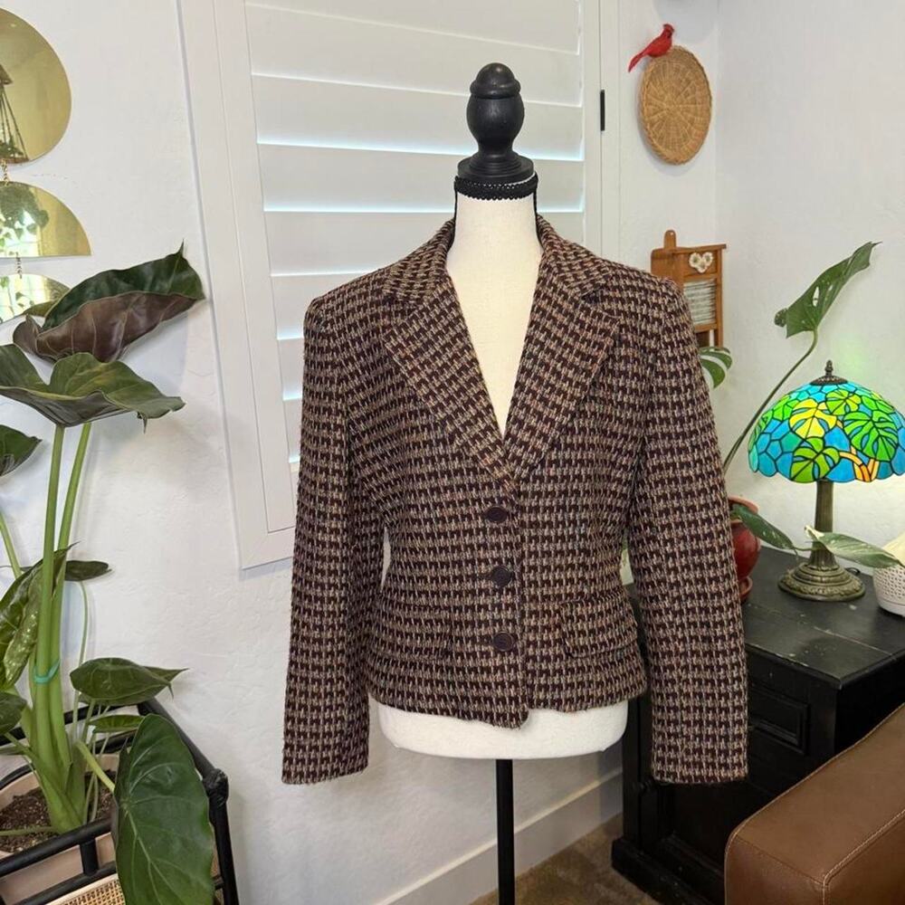 Vintage 90s Office Siren Preppy Tweed Blazer Jacket Brown Burgundy Size 8